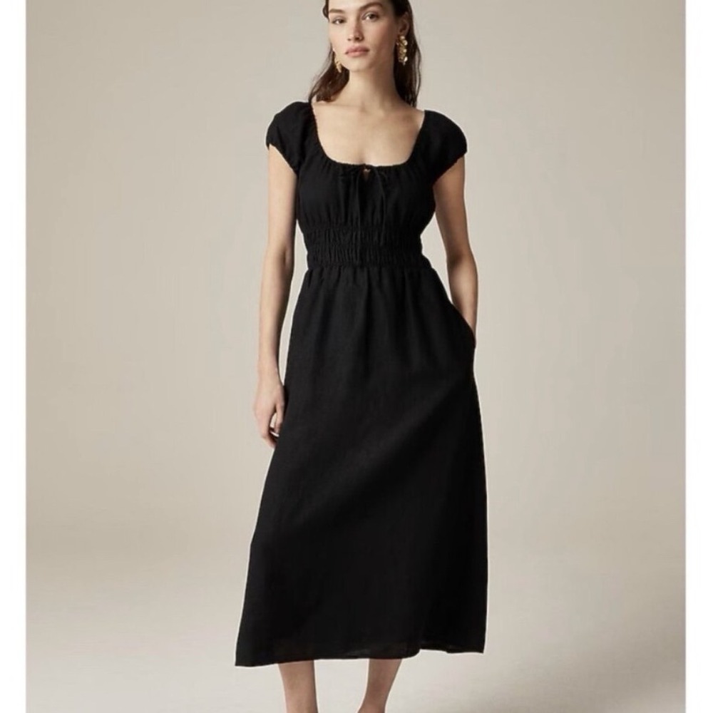 J.Crew Cap-sleeve Linen Midi Dress Women S Black Smocked Waist Pockets CK814